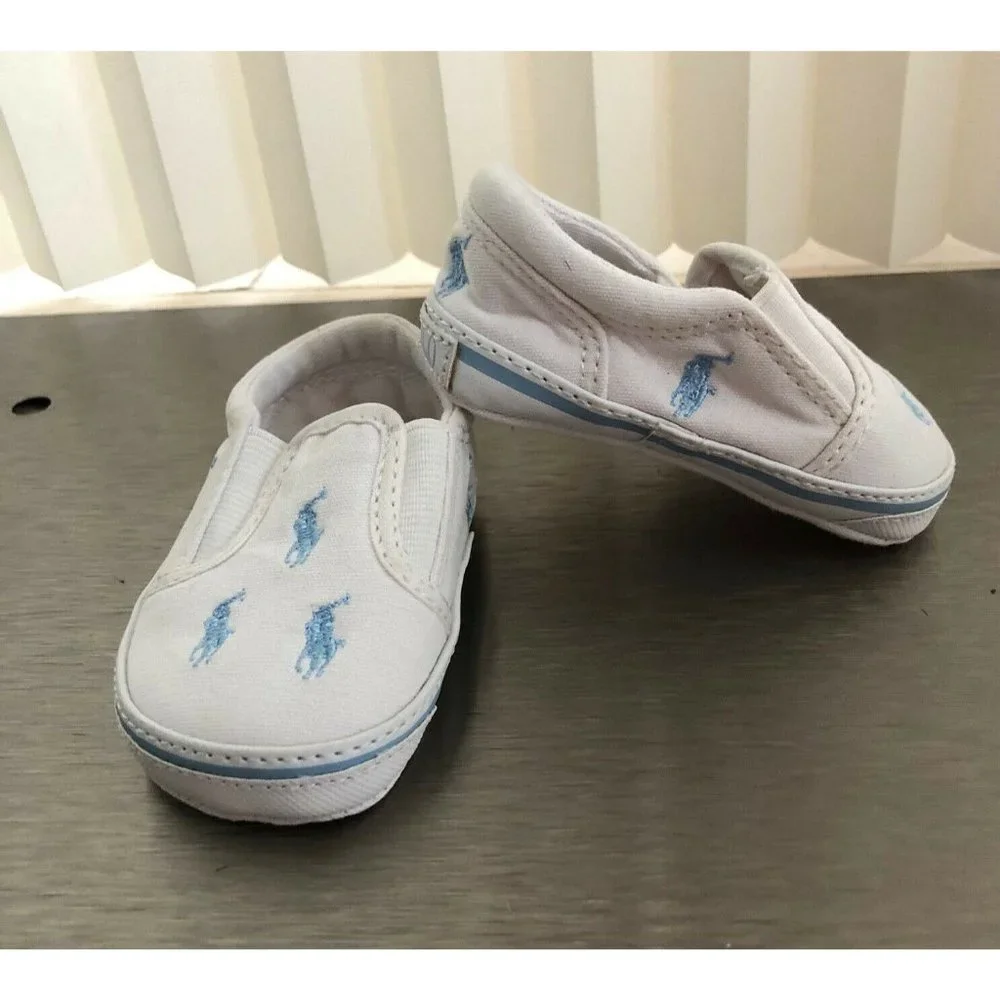 Ralph Lauren Baby Boy Canvas Shoes Slip On White Light Blue Logo Size 2 - Picture 2 of 11